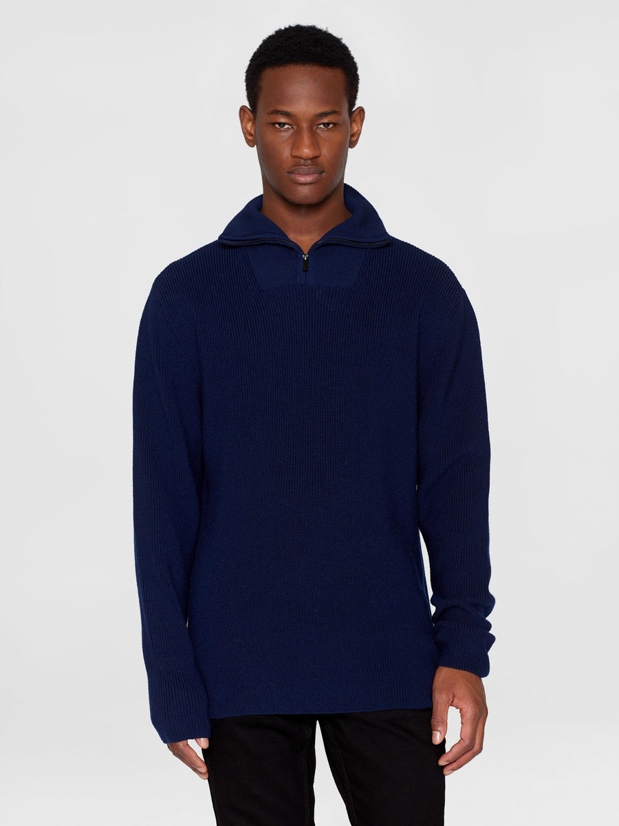 Knowledge Cotton Merino Wool Half Zip Knit RWS Total Eclipse