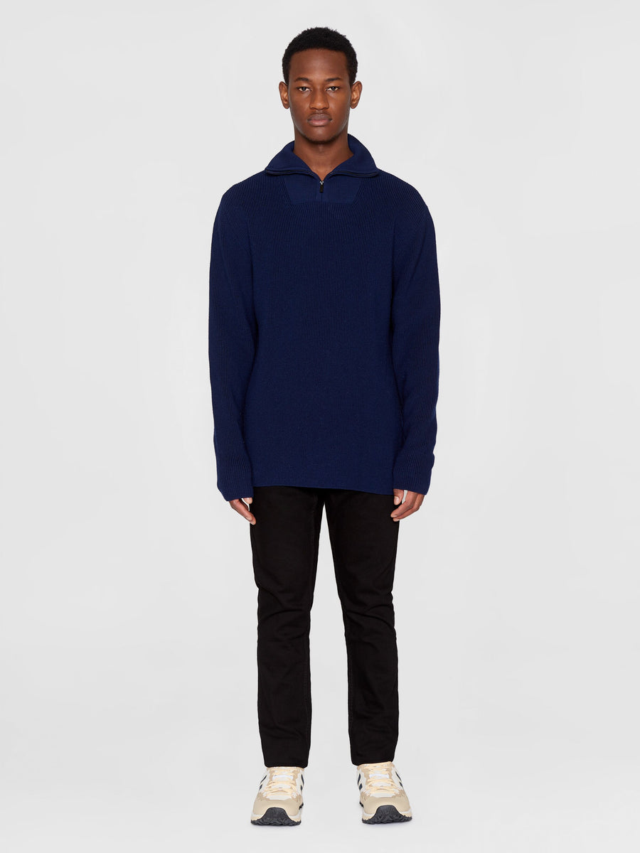 Knowledge Cotton Merino Wool Half Zip Knit RWS Total Eclipse