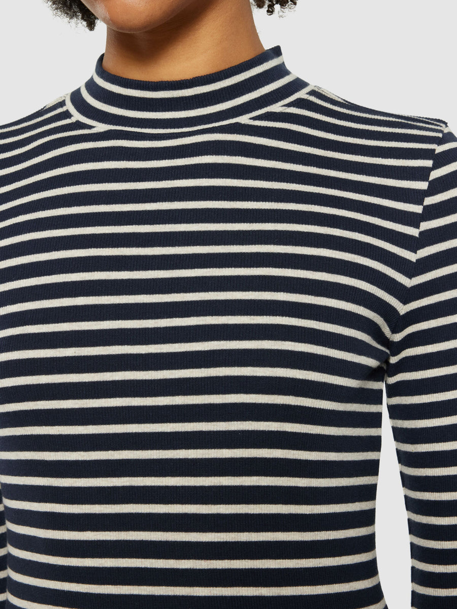 Knowledge Cotton Striped rib high neck long sleeved