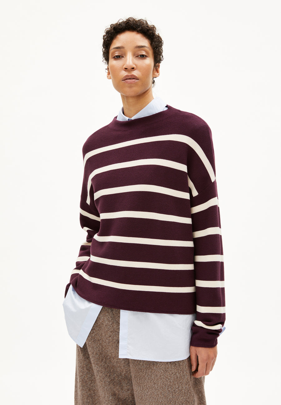 Armedangels Strick Pullover MERINAA STRIPES dark cranberry-oatmilk